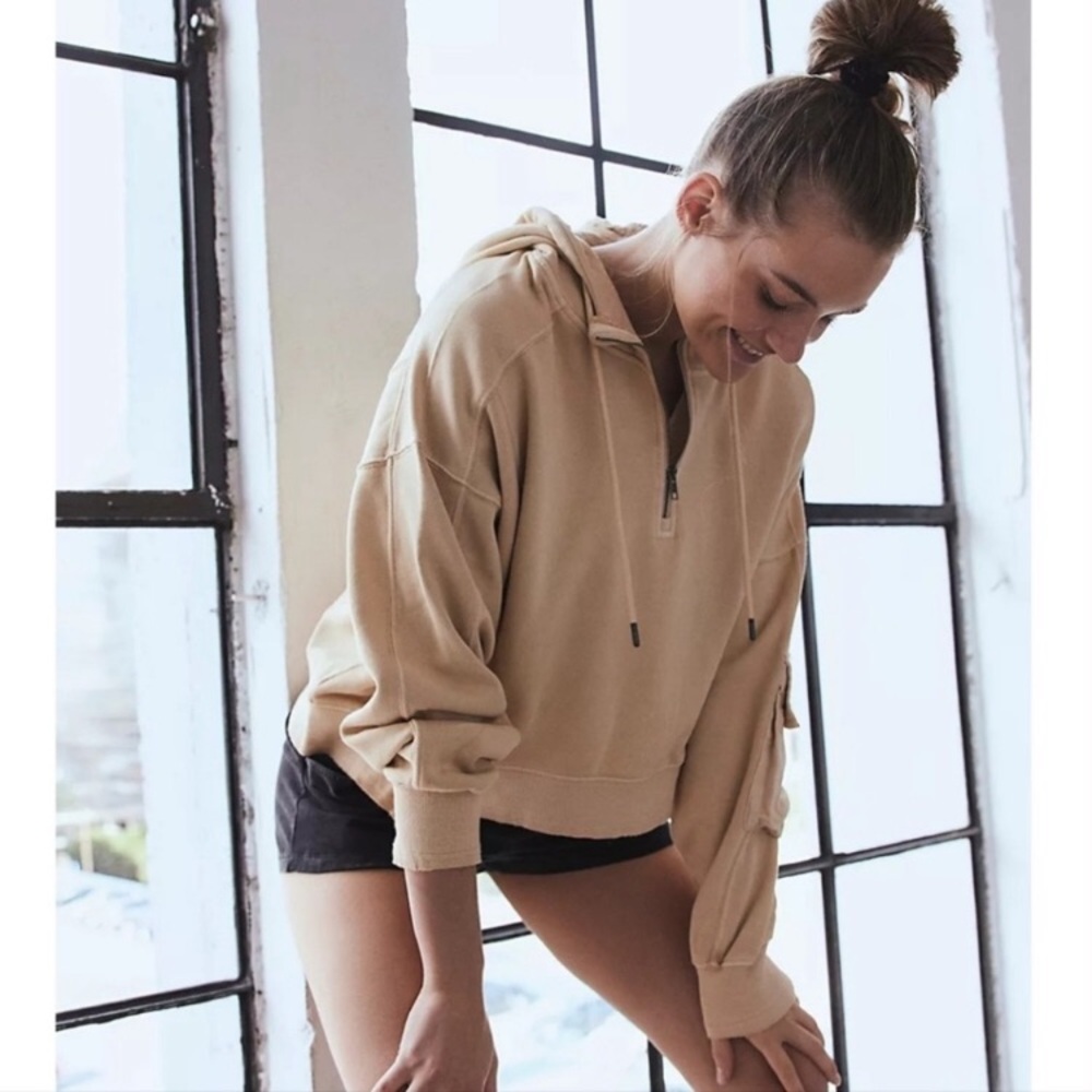 Free People! FP Movement Intercept 1/2 Zip Hoodie In Sand/Sable NWT!